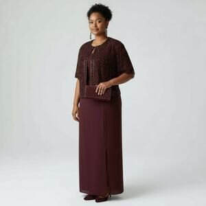 Montage Formal Gown Beaded Jacket Plum Burgundy Maxi Dress Plus Size 18